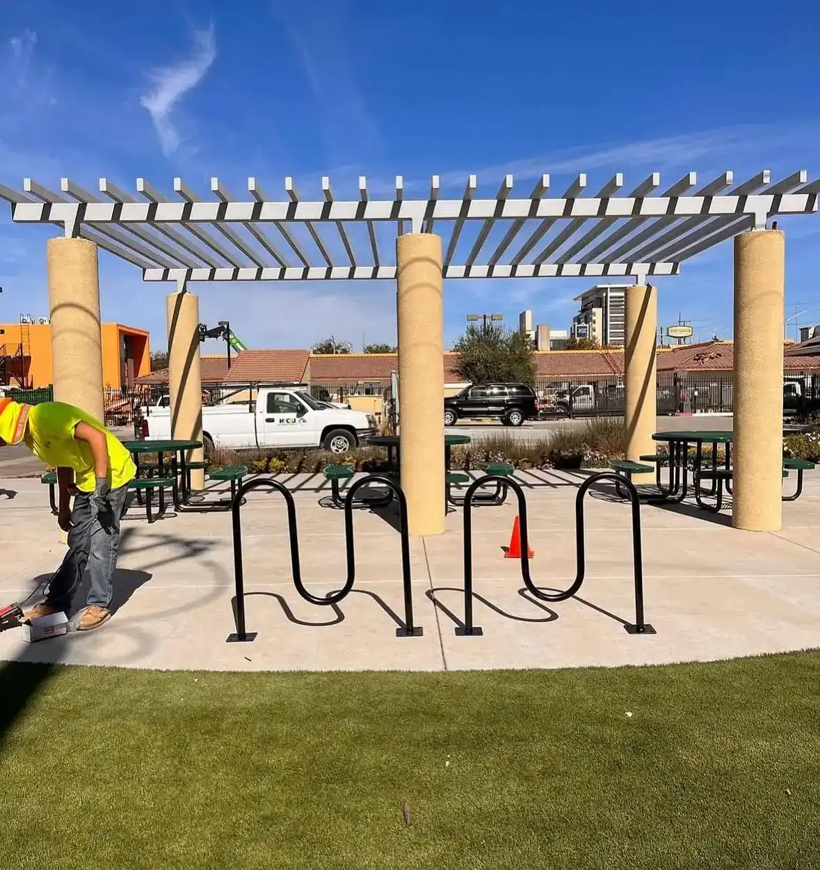 New shade pavilion, bike racks and site furnishings at a public plaza